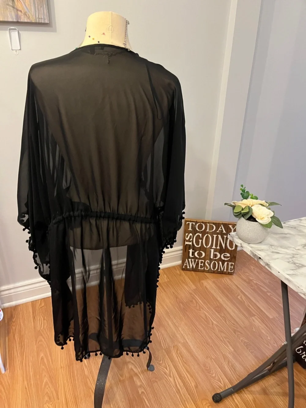 GEORGE Black Swim Sheer Coverup Tassels and Pom Poms 1X - Picture 3 of 10